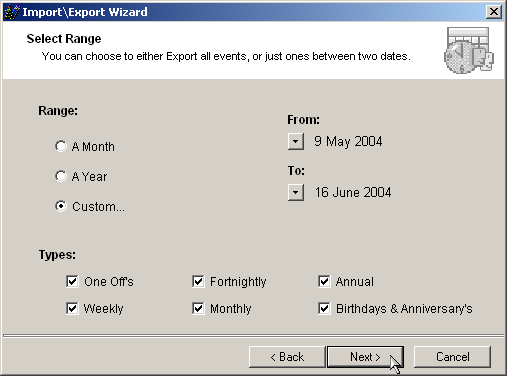 select date range and event types
