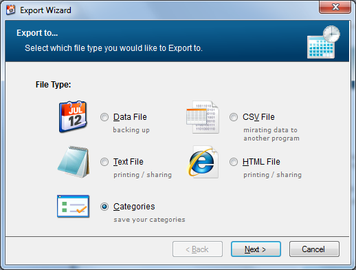 export file type categories screenshot