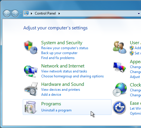 opening programs in control panel screenshot