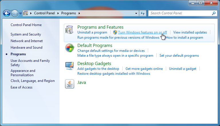 programs section of the control panel screenshot