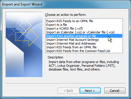 outlook import to a file
